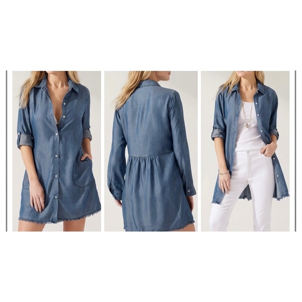 Tommy Bahama Chambray Button Down Tunic Shirt Dress Fringe Peplum Medium